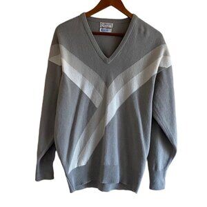 Y2K Alan Paine Sweater Mens Small Grey V Neck 100% Lambswool Preppy Neutral